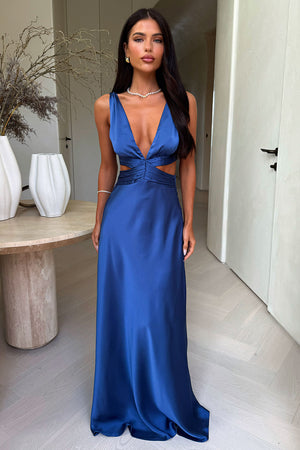 Emeline V-Neck Satin Maxi Dress - Blue