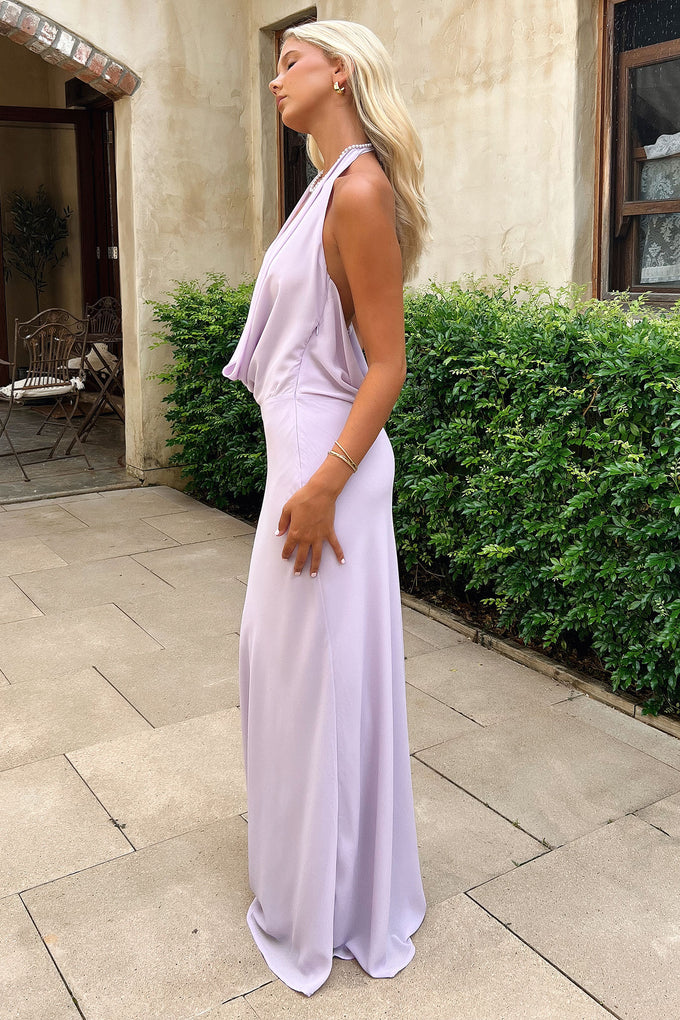 Collective Dress - Mirella Plunge Halter Neck Maxi Dress - Lilac image 6
