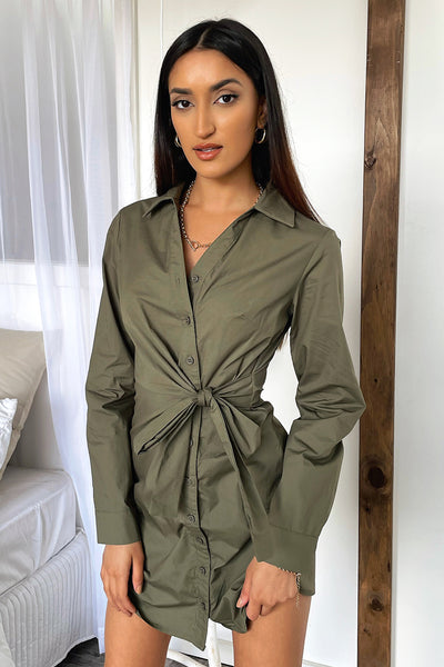 Khaki silk clearance shirt dress