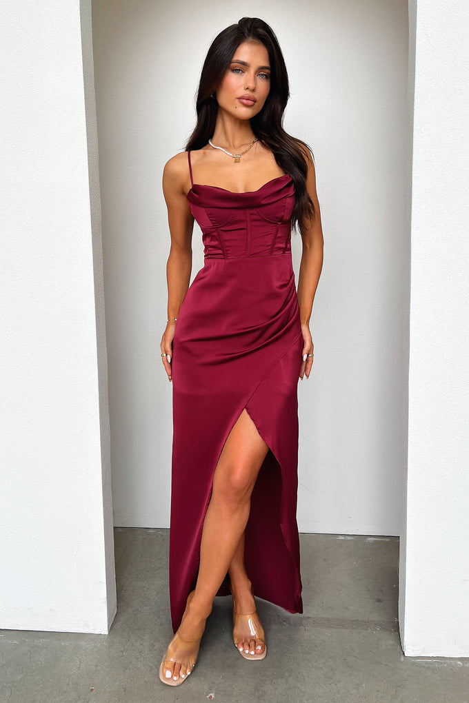Aiana Satin Maxi Dress - Burgundy Thats So Fetch AU Aiana Satin Maxi Dress - Burgundy Thats So Fetch AU