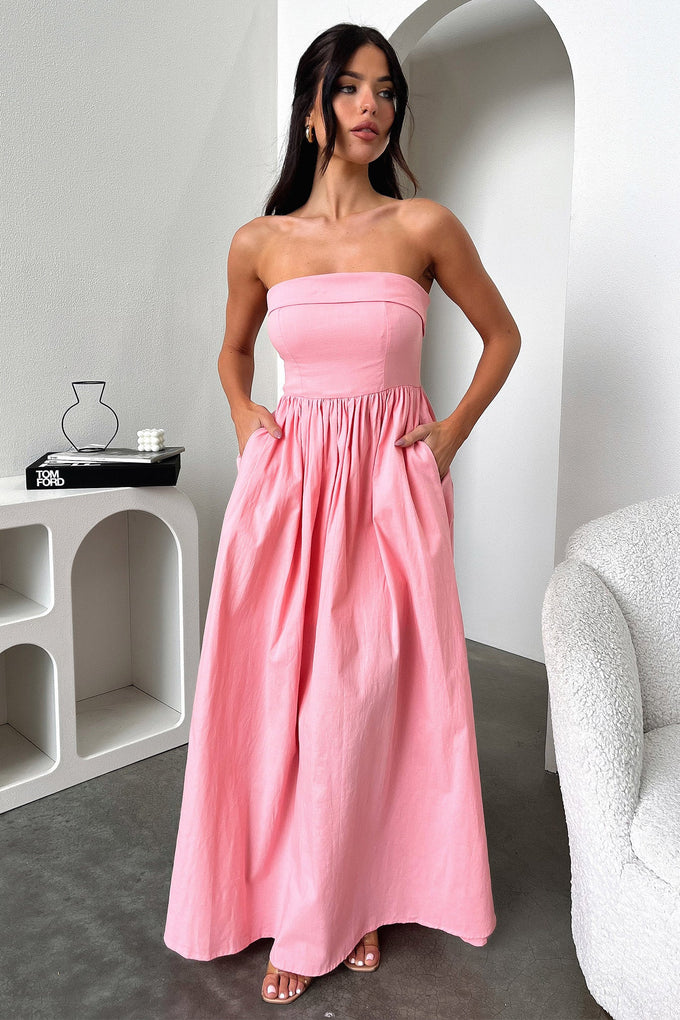 Ariella Pink Satin Strapless Maxi Dress – Beginning Boutique US