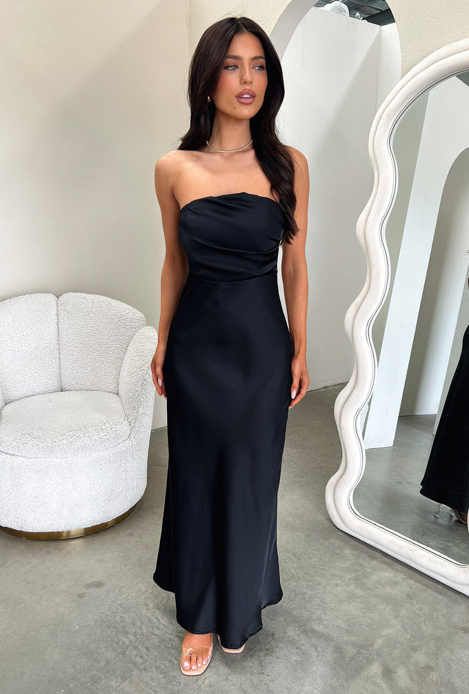 Elio Strapless Satin Maxi Dress Black