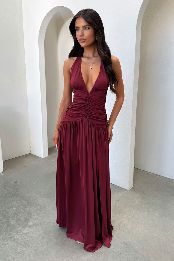 Ginevra Ruched Halter Maxi Dress