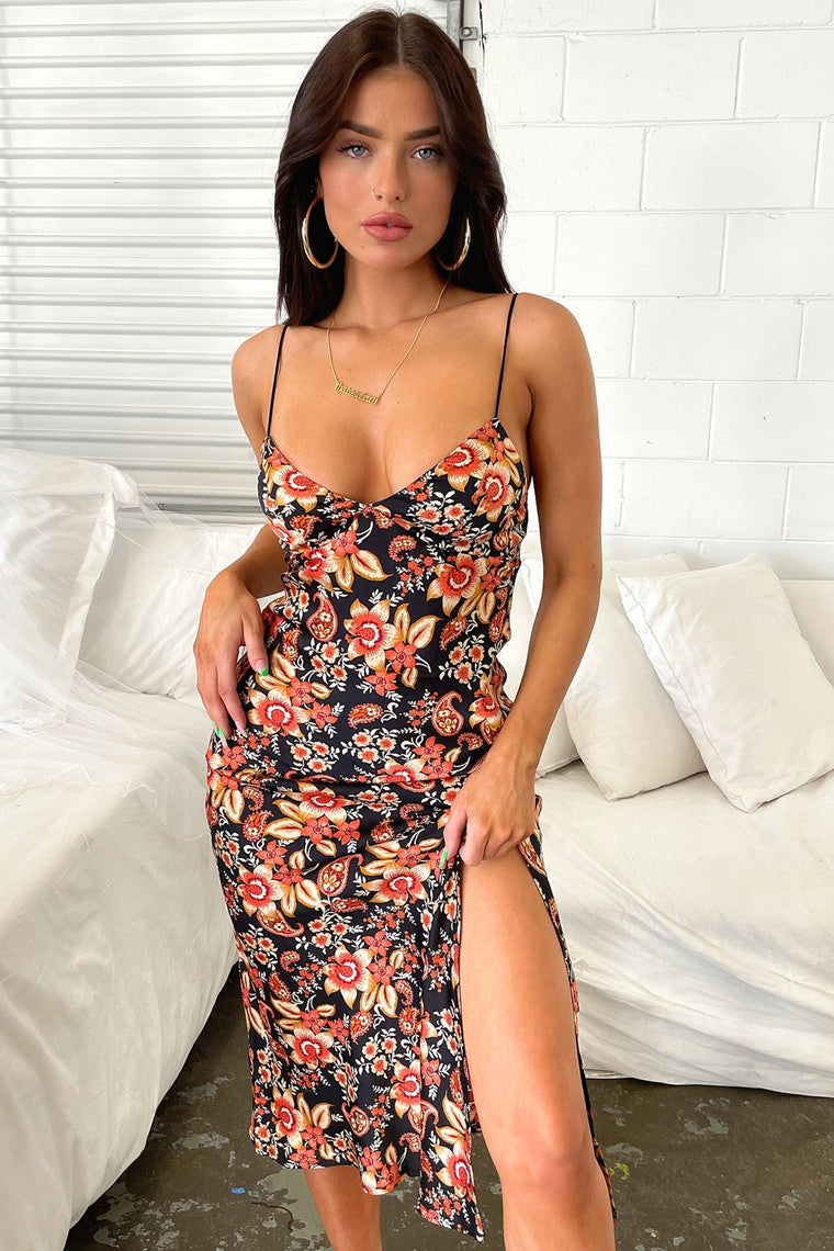 Jennifer Satin Midi Dress - Black Floral
