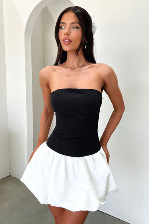 short dress black and white Kloe Bubble Skirt Strapless Mini Dress