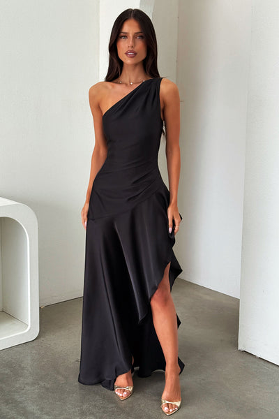 Leni One Shoulder Satin Maxi Dress - Black