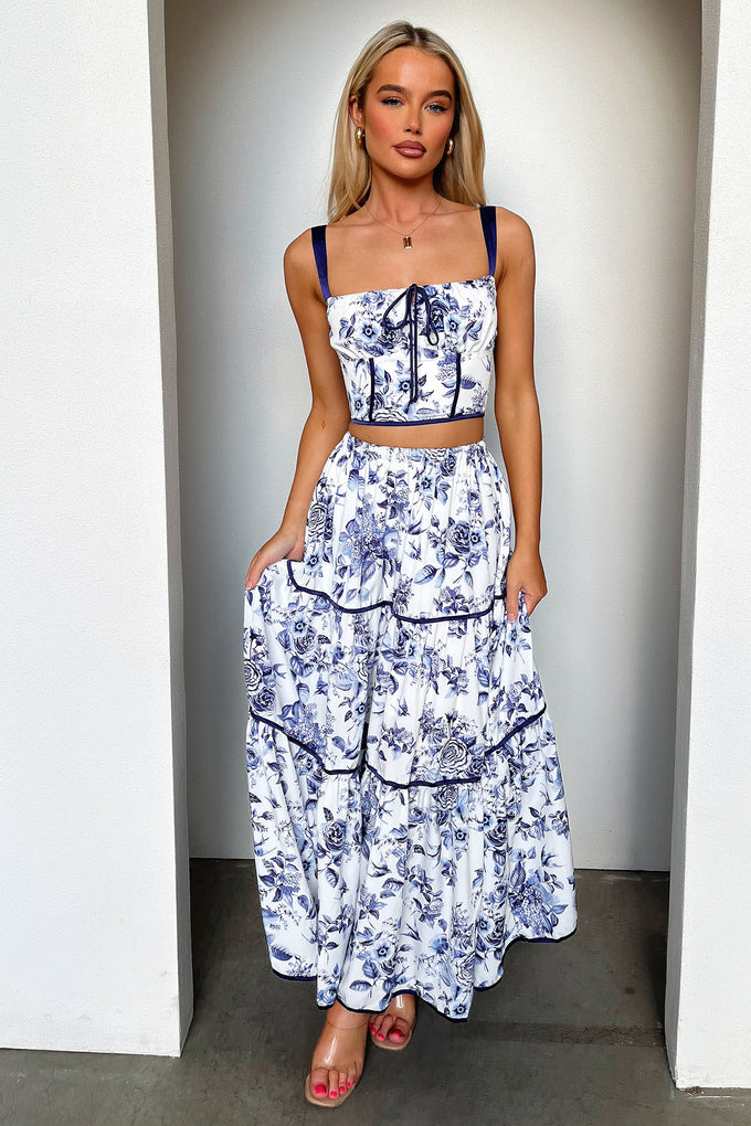 Maxi Skirt Patterned Skirt Outfits Joy Tiered Maxi Skirt Blue Floral