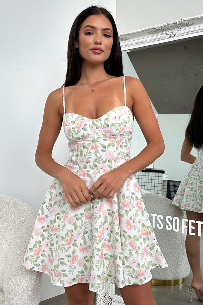 Kiera - Pink Floral Strappy A Line Mini Dress, Day Dresses