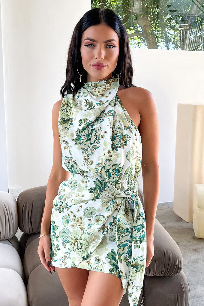 Santorini Mini Dress - Green Floral