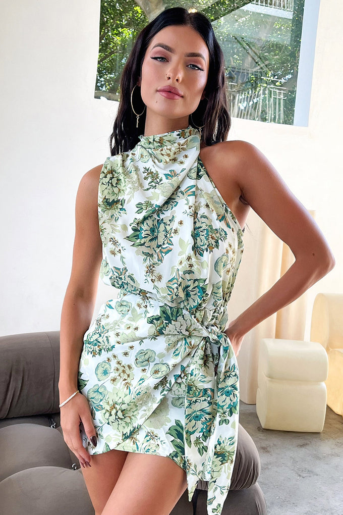 Santorini Mini Dress - Green Floral