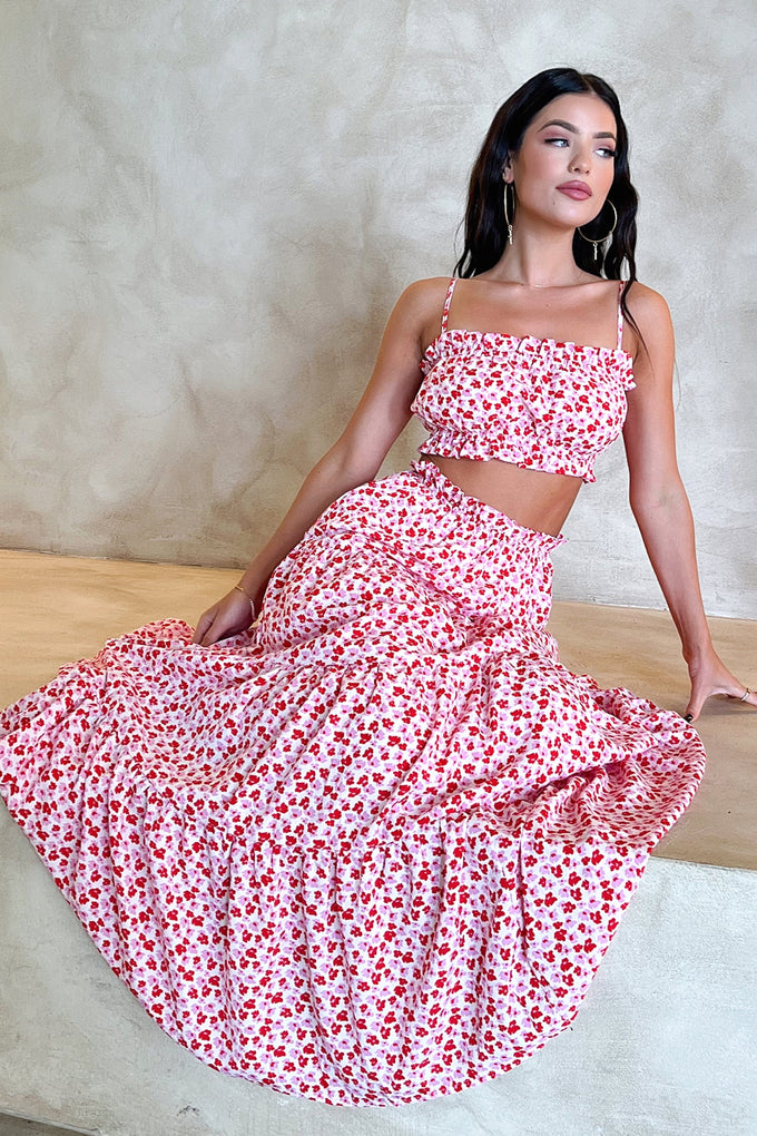 Selina Maxi Skirt - Red Floral