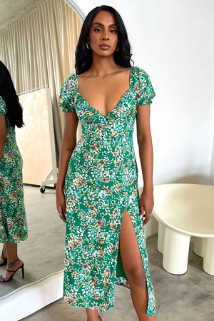 green emerald velvet dress Zara Floral Midi Dress
